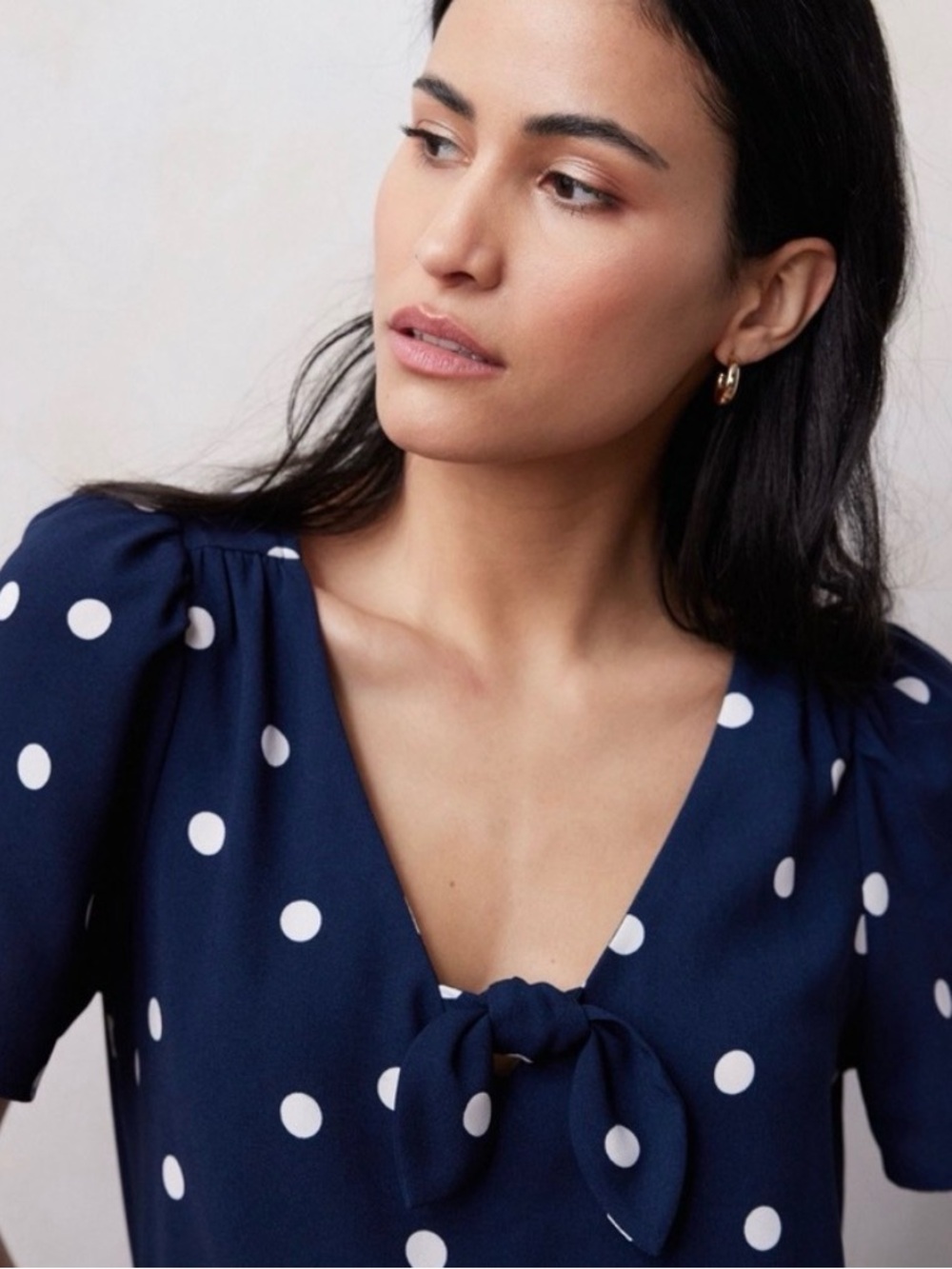 LC Lauren Conrad Navy and White Polka Dot Tie-Front Blouse
